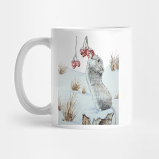 Cute gray wood mouse eating berries in snow Mug